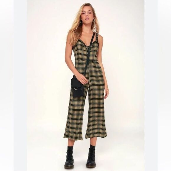 Faithfull the Brand plaid ruffle trim wide leg crop sleeveless Jumpsuit medium 6 - Picture 3 of 11